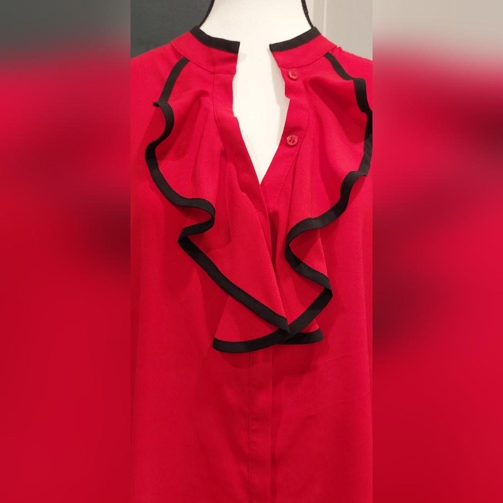 Calvin Klein Red Ruffled Blouse with Black Accents - Picture 2 of 6